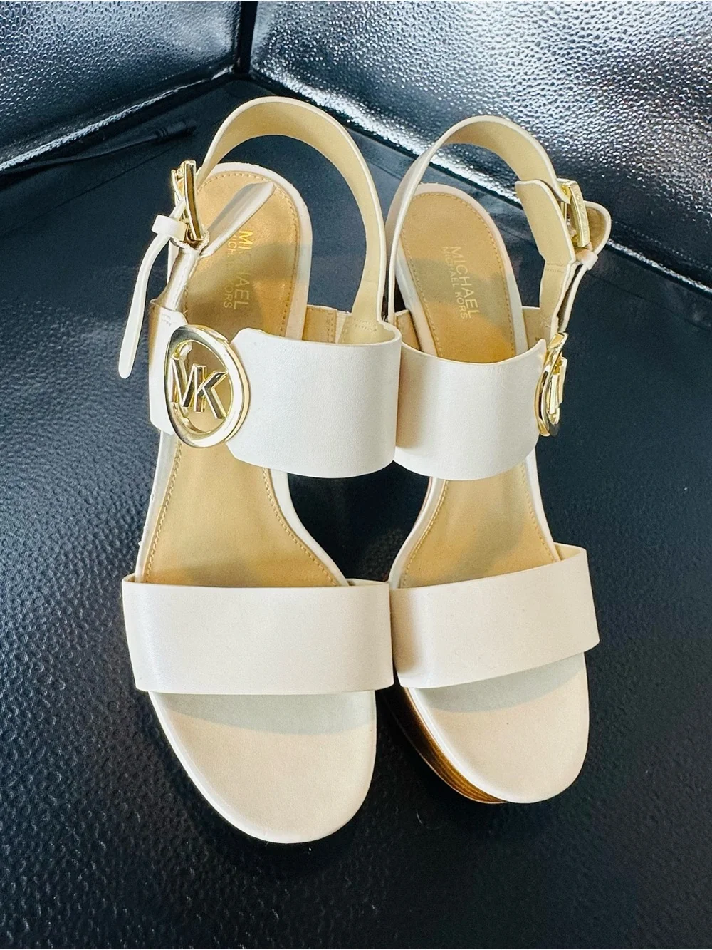 MICHAEL KORS Cream Leather Platform Block Heel Sandals with Gold MK Logo